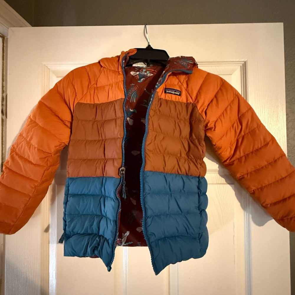 Patagonia Kids' Two-Tone Puffer Jacket in Orange and Blue